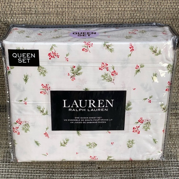Lauren Ralph Lauren Red Green White Forest Holiday Cotton QUEEN Sheet Set 4pc - Picture 4 of 12